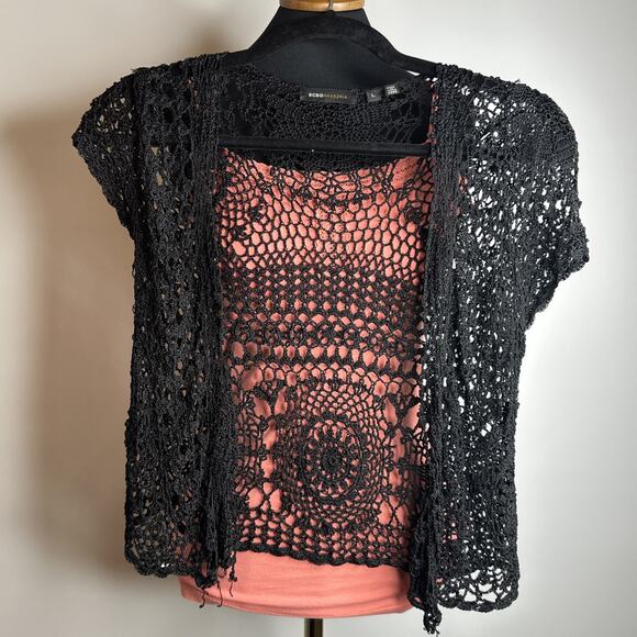 VTG Y2k BCBG Maxazria Loose Knit Crochet Short Cardigan Size L Black Whimsigoth - Picture 7 of 9